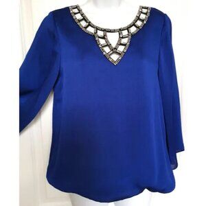Vintage 80's Royal Blue and Crystals and beaded party blouse top size S